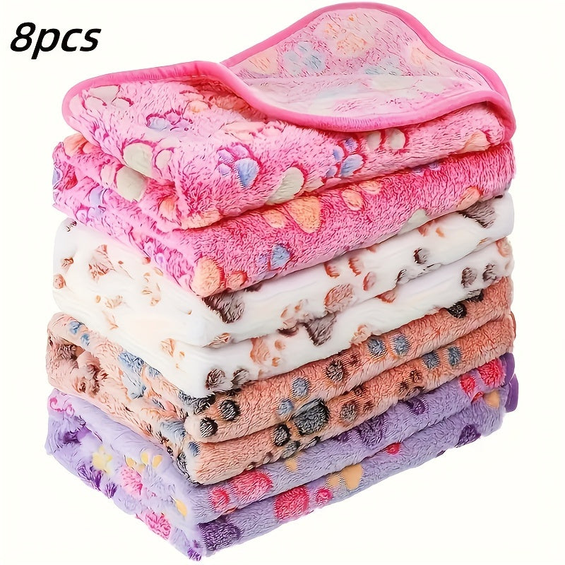 One Set of 8 Packs, Soft Flannel Pet Blankets for Dogs and Cats - Soft Polyester Fiber, Machine Washable with Paw Print Pattern - Versatile, Suitable for Small to Large Breeds
