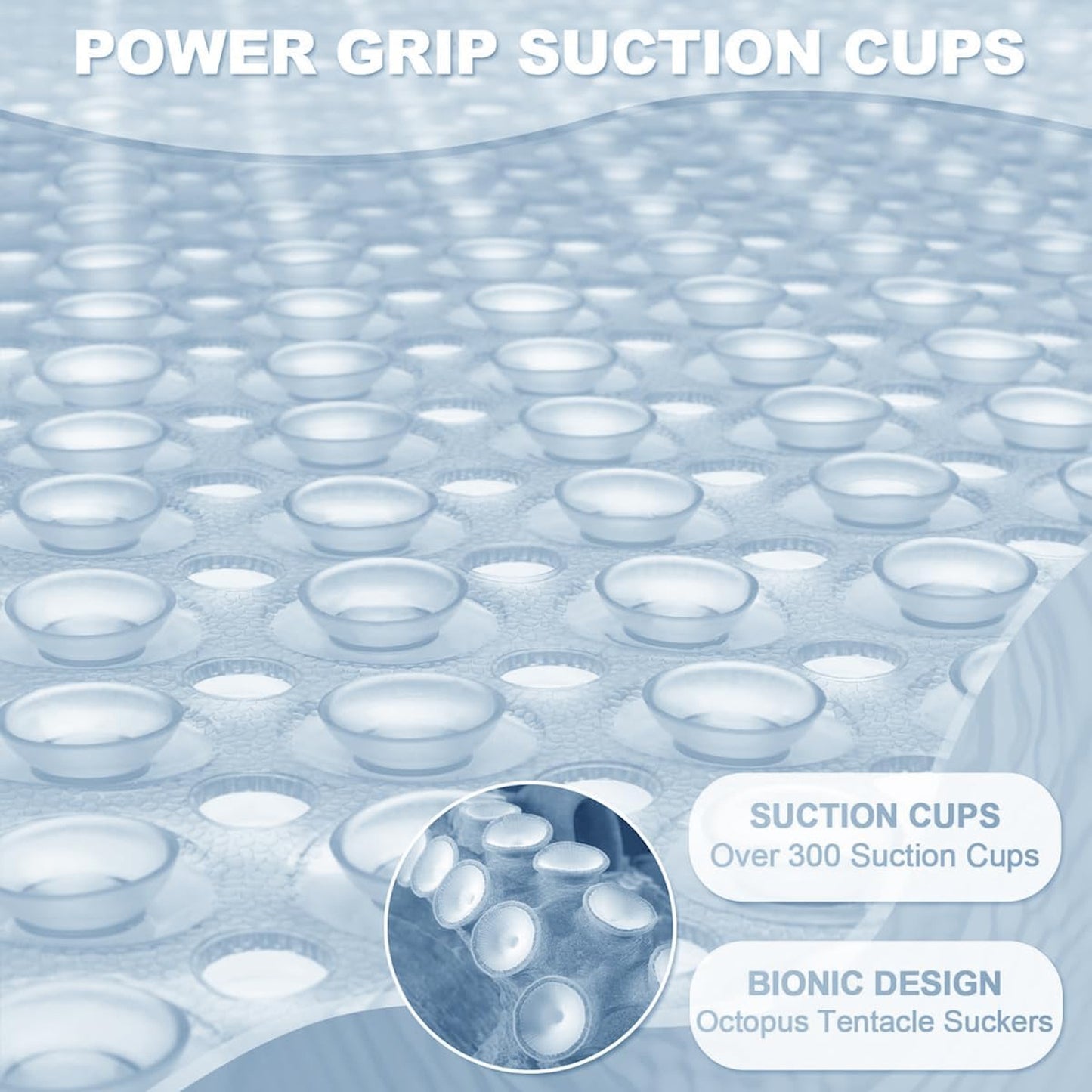 Large Shower Mat – Light Blue/Crystal/White Color Non-Slip, Strong Suction Cups & Drain Holes, Quick-Dry, Machine Washable, Durable & Comfortable for Bathtub and Bathroom Floor Use