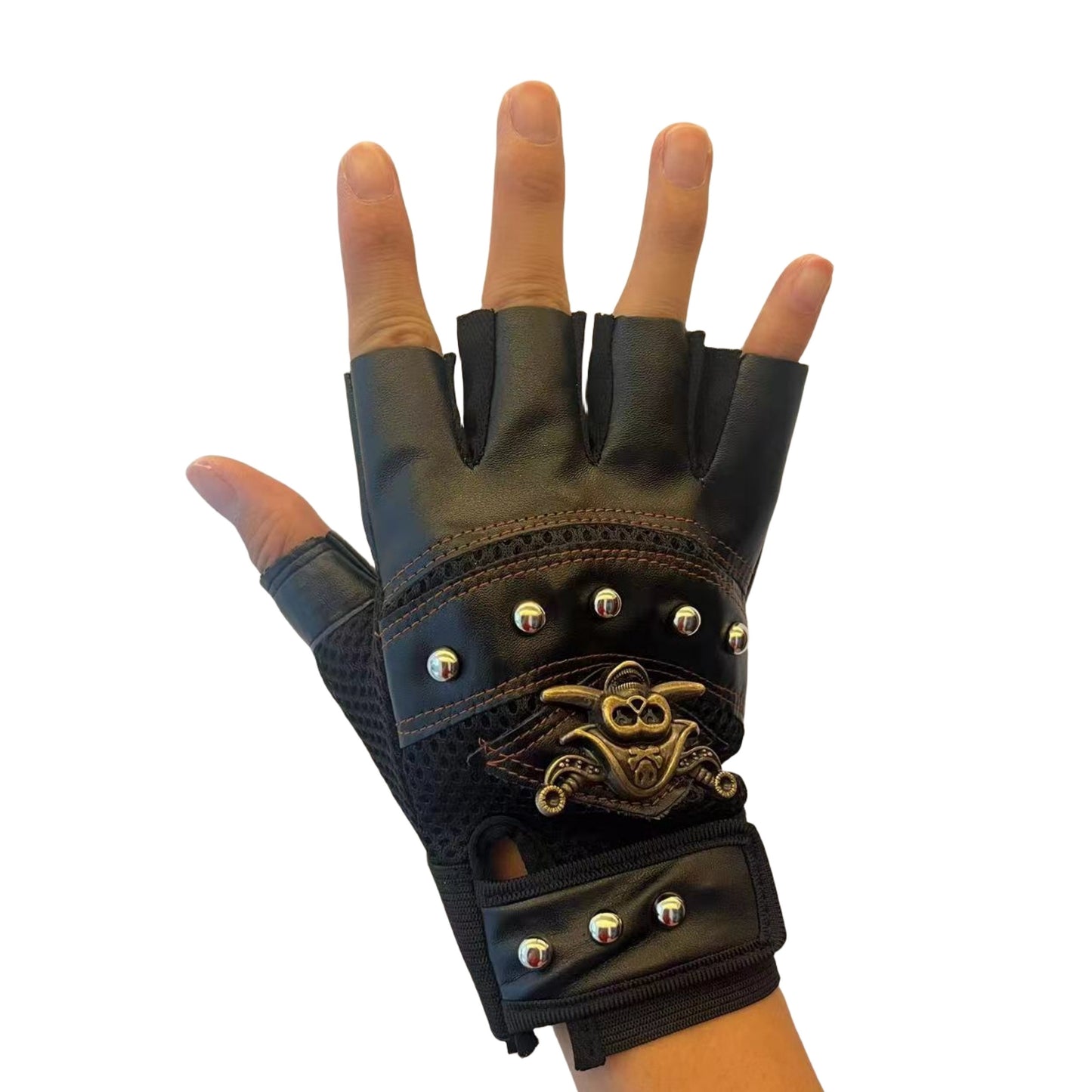 Gothic Scull Skeleton Outdoor Sports Gloves, Skull Half-Finger Gloves, Pirate Gloves,  Rivet Women Men's Sports Gloves
