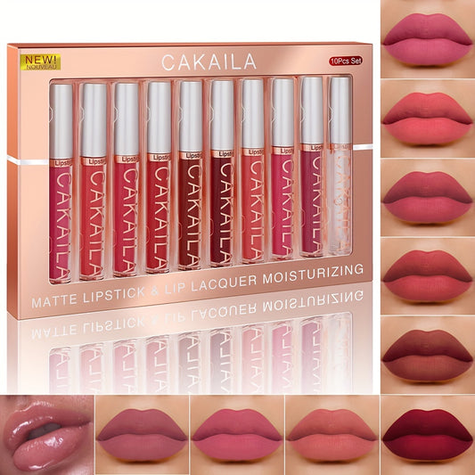 10 PCS Set Matte Lip Gloss Lipstick Set, Long-Lasting Waterproof Non-Stick Cup, Non-Fade Liquid Velvet, Red Shades, All Skin Types, Adult Use, Matte Finish, Beauty Personal Care
