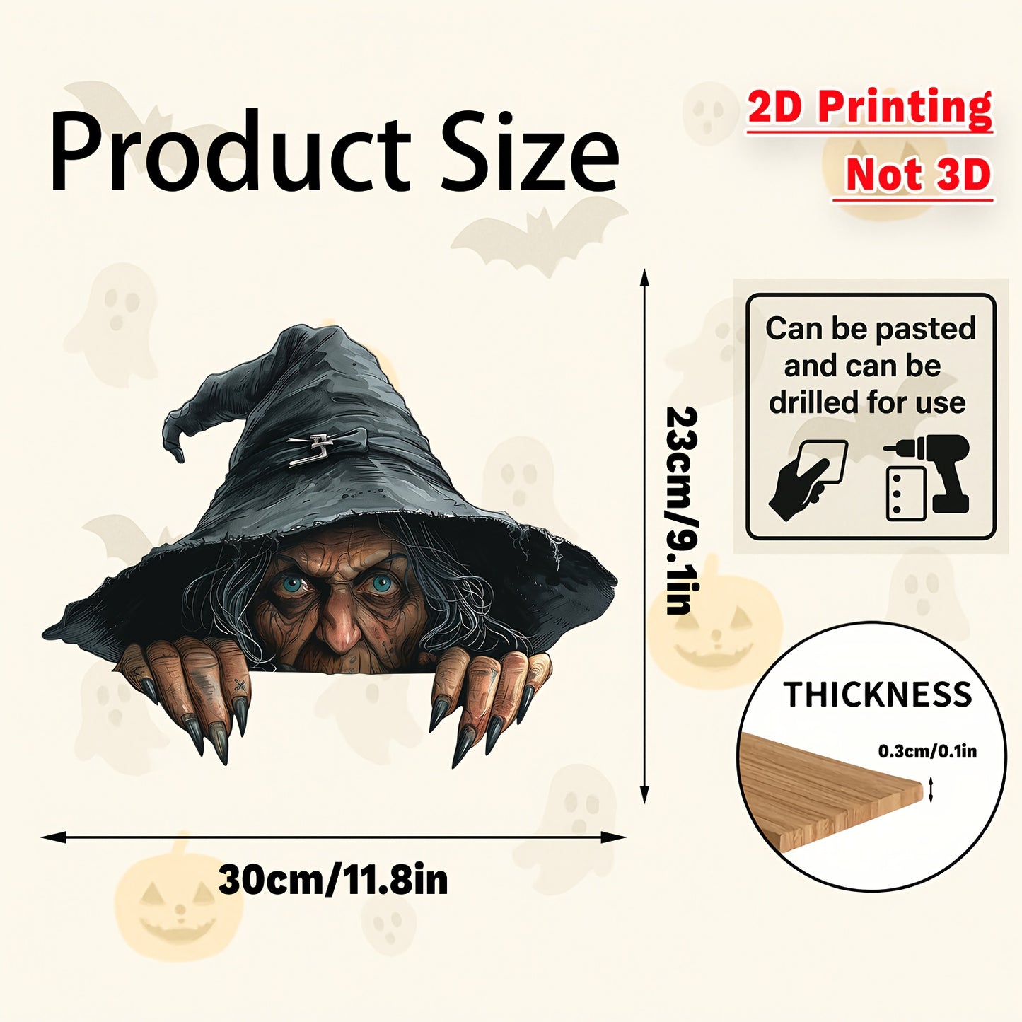 1pc Scary Old Witch Peeking Over Fence Halloween Yard Decoration - 2D Flat Artificial Wood Spooky Outdoor Sign with Glowing Eyes & Sharp Teeth, 23.11cm x 29.97cm Irregular Shape for Garden, Porch, Haunted House Parties - No B