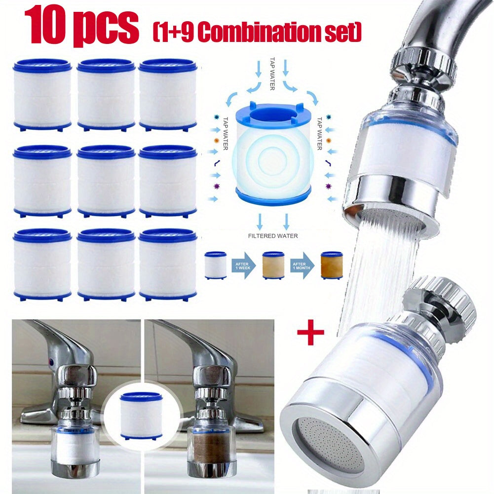 10 PCS Set Water Purification Faucet with 9 Replaceable Filter, Splash-Proof Faucet Sprayer Head with Filter, Swivel Faucet Water Filter Extender, House Bathroom Water Filtration System