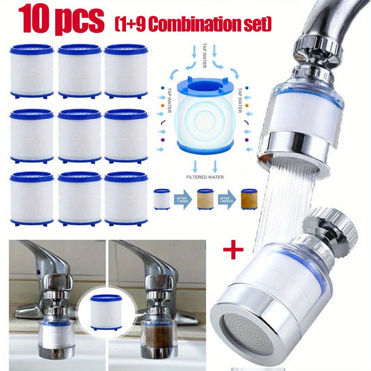 10 PCS Set Water Purification Faucet with 9 Replaceable Filter, Splash-Proof Faucet Sprayer Head with Filter, Swivel Faucet Water Filter Extender, House Bathroom Water Filtration System