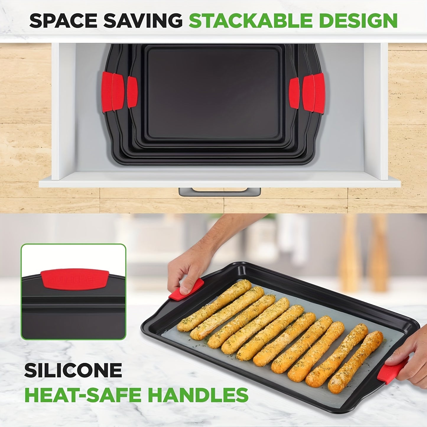 3 PCS Set Non-Stick Pan Baking Tray, with Red Silicone Handle, Kitchen Baking Plate, Heat-resistant and Non-Sticking, Home Use Baking Tray, Cake, Oven Cookie Baking, Rectangular Cookie Tray, Easy to Clean, Suitable for Cookie