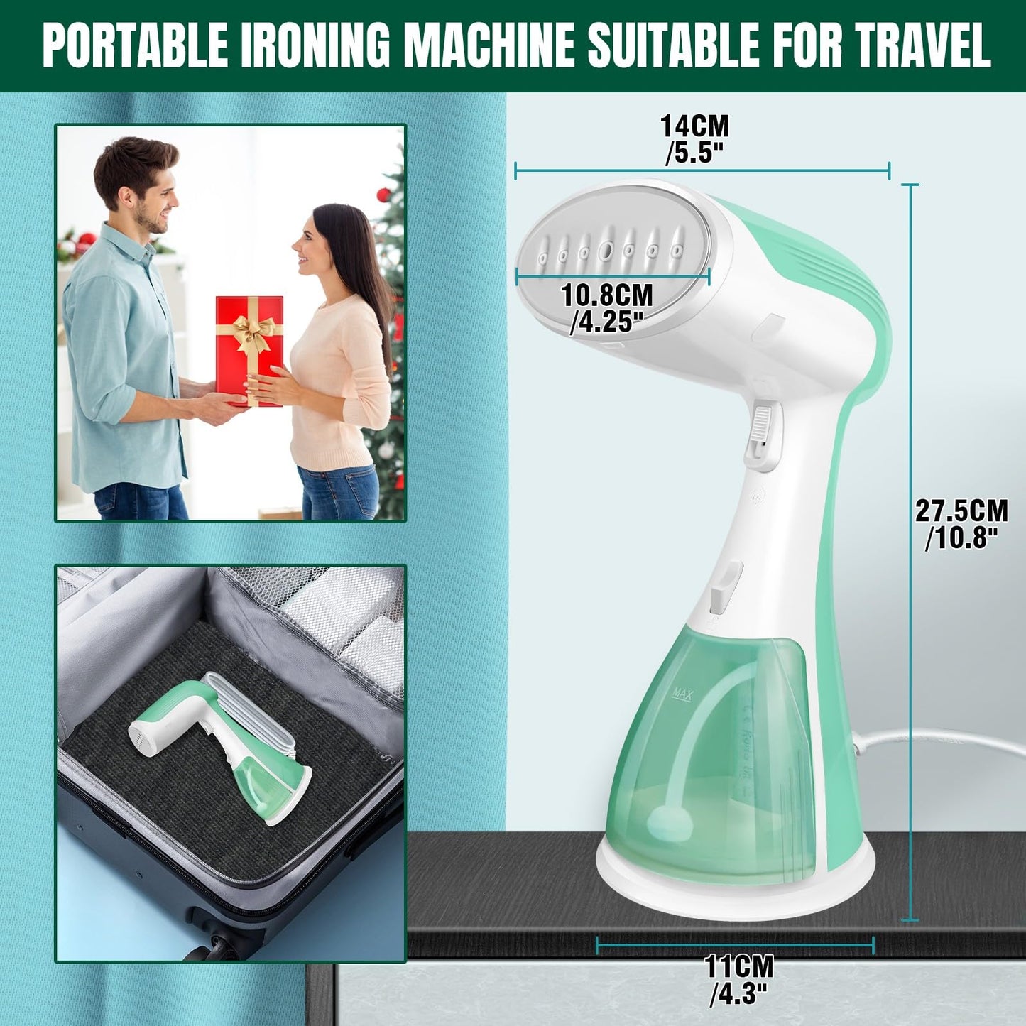 Handheld Steamer for Clothes, 30s Fast Heat-up Clothes Steamer Handheld Garment Steamer Clothing for Home, Office & Travel Use, Compact Lightweight Travel Steamer, 300ml Water Tank, 1.5m Cable