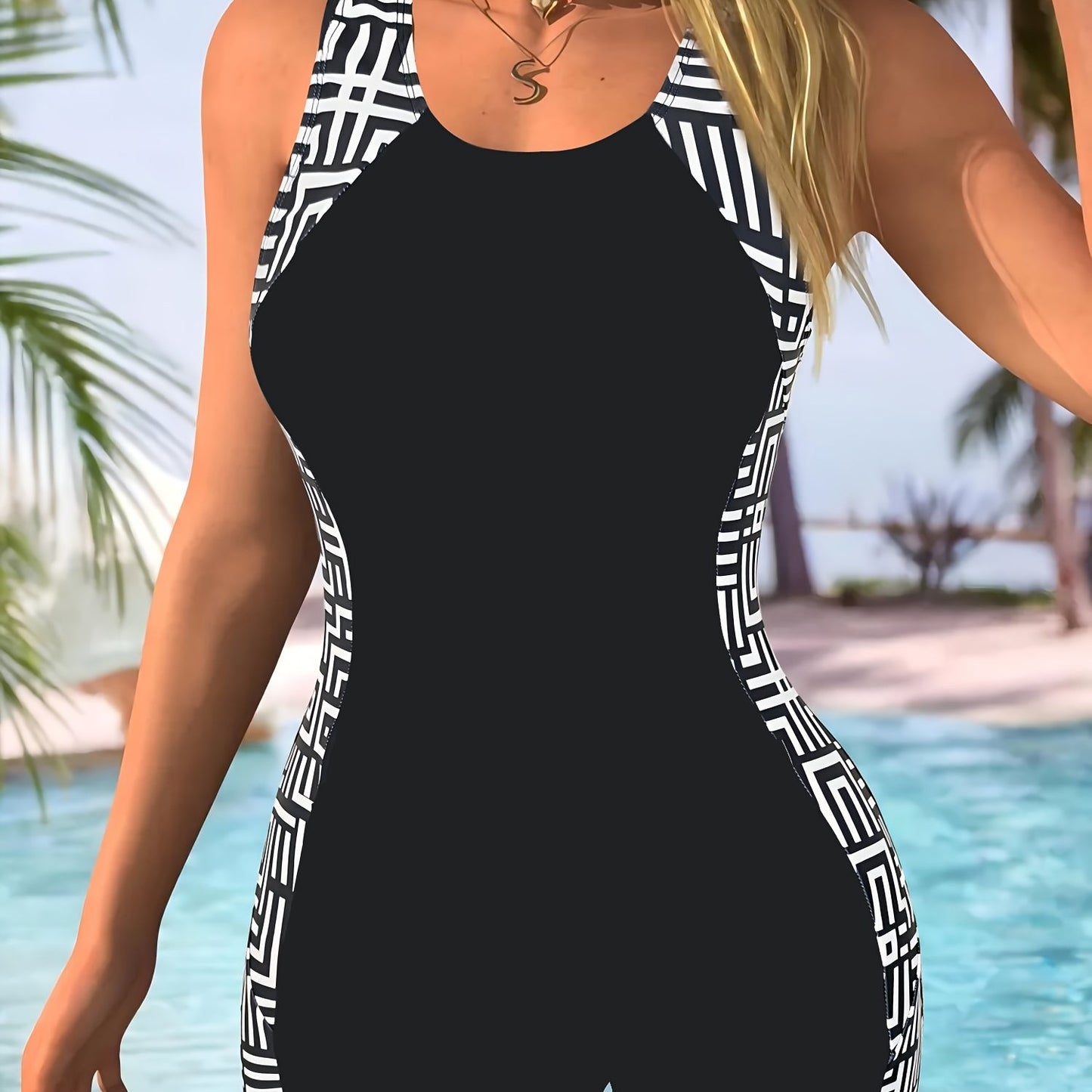 S-XL UK (8-18) Size  Summer New Hot-Selling Poolside Sports Monokini Swimwear | Crew Neck, High Stretch, Random Print, One-Piece, QVR Women's Competitive Swimsuit
