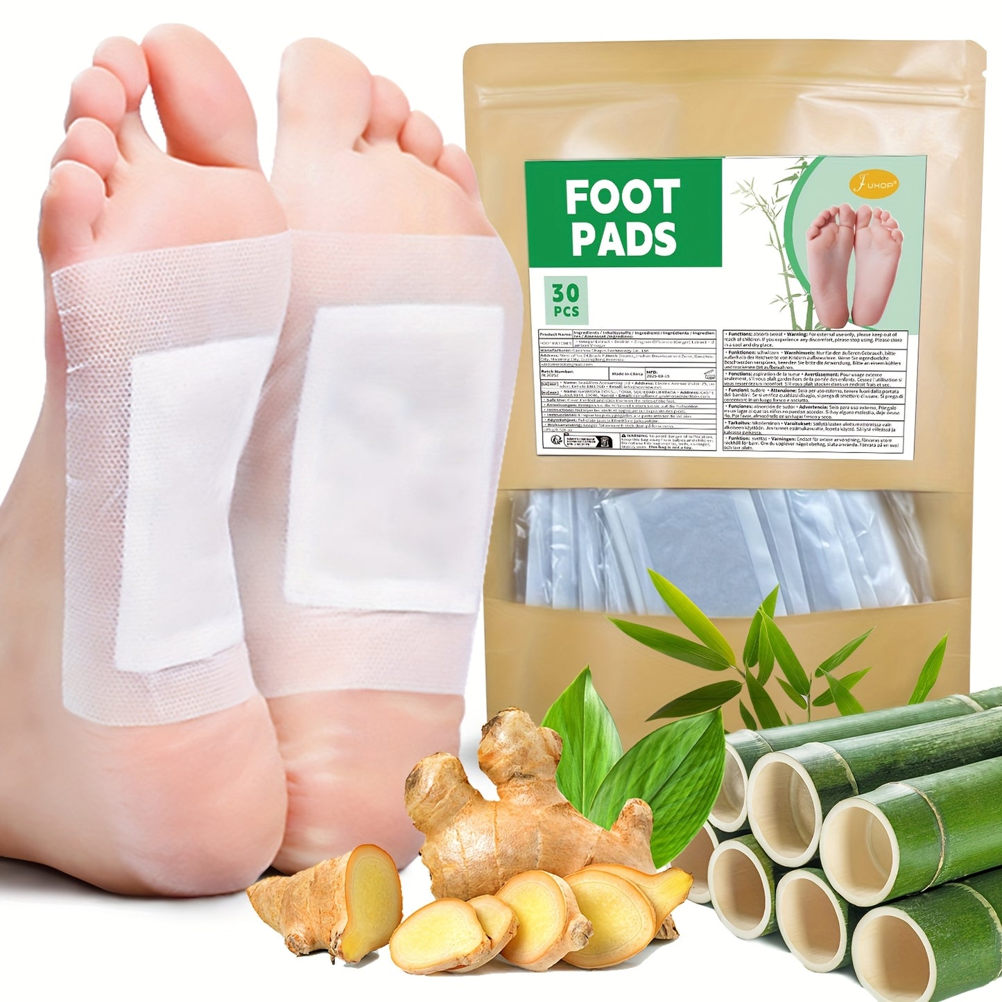 30 PCS Set Foot Patches, Natural Bamboo Wood Vinegar + Ginger Powder Foot Pads for Foot Care, After Foot Bath Pain Relief Relaxation Pads Outdoor Running Gym Cycling Health Care Accessories