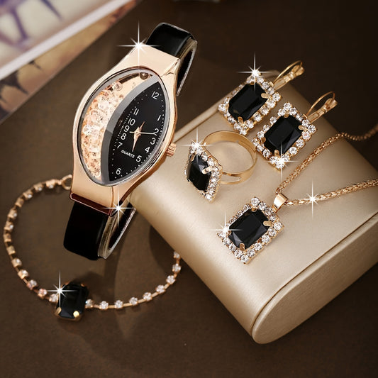 6pcs Women'S Fashionable Elegant Style Women'S Watch + Light Luxury Fashion Square Necklace Set, Suitable for Giving Her a Romantic Heartfelt Holiday Gift