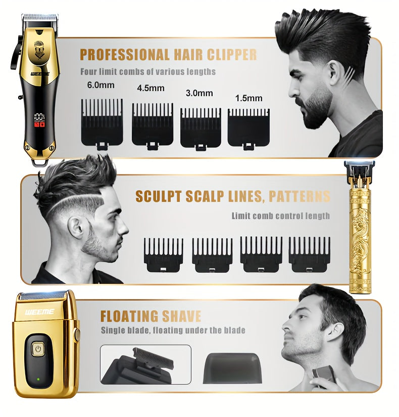 3pcs Men's electric hairdresser set, hairdresser hairdresser set, household electric hairdresser set, USB charging electric hairdresser, alloy knife head, LCD display, carving shape, household car travel use, Father's Day gi