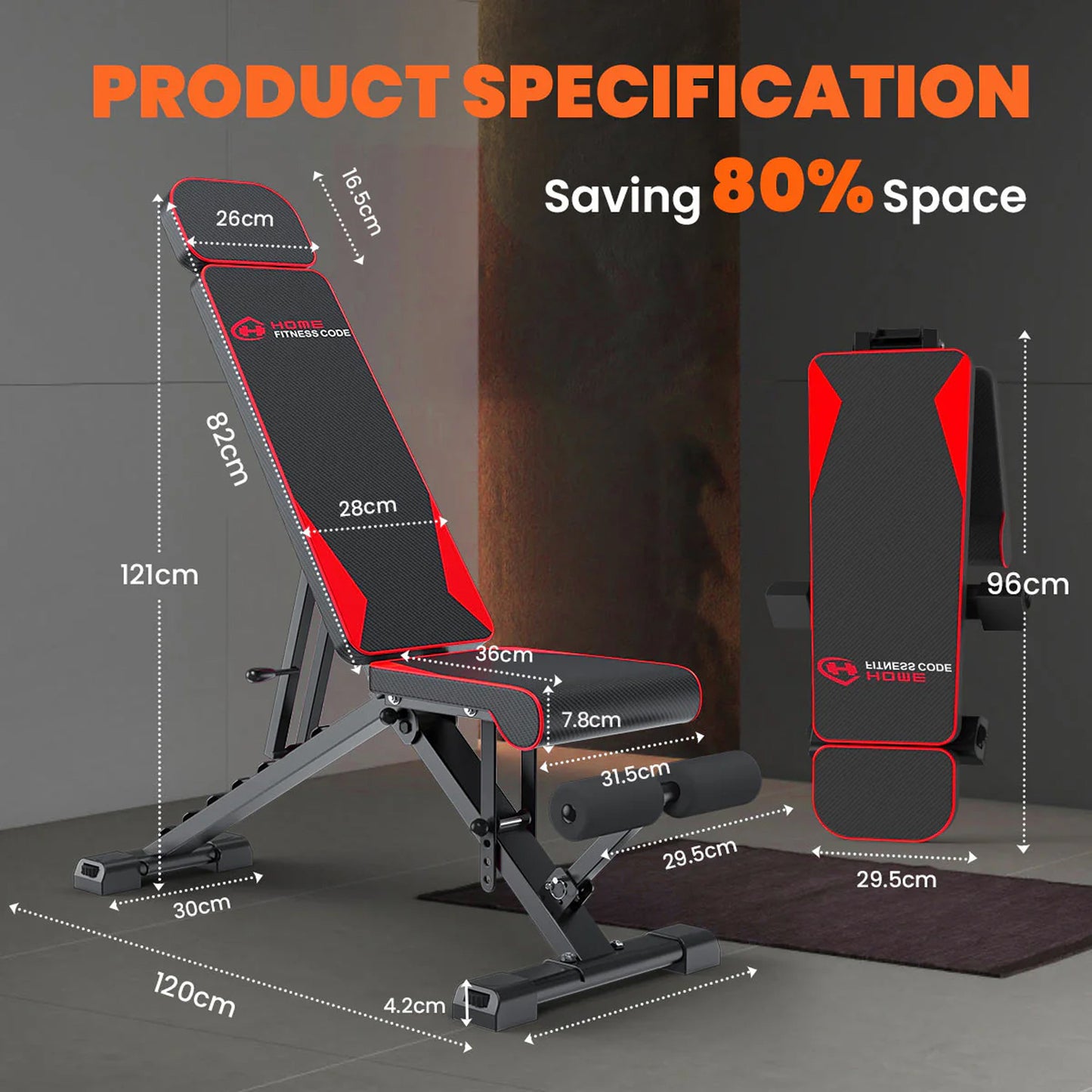 Home Gym Adjustable Workout Weight Bench Folding Exercise Bench 8 Backrest Adjustment for Full Body Exercise with Resistance Bands 300kg High Weight Capacity Sports Supplies