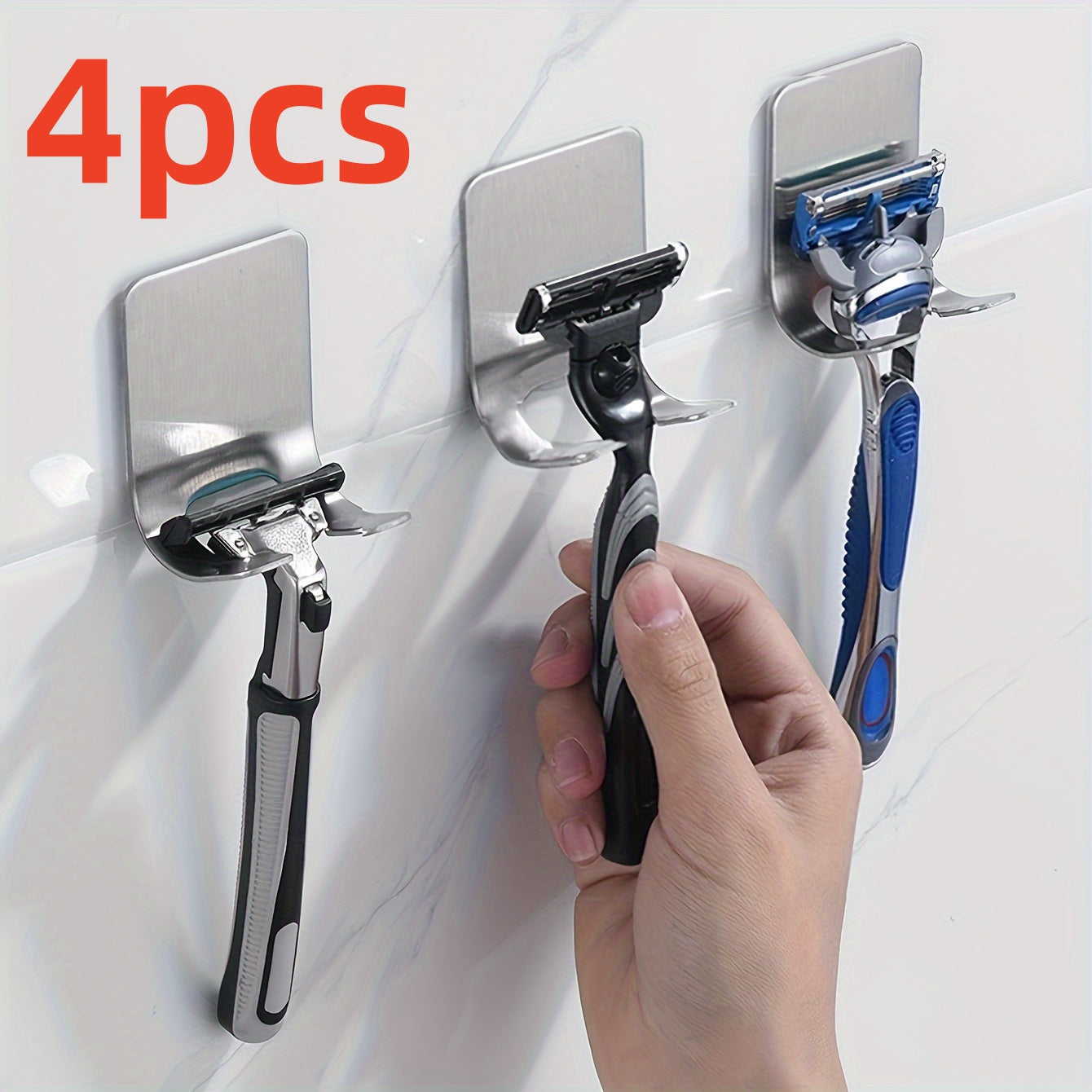 4 PCS Set Stainless Steel Holders for Shaving Blades That Can Be Mounted on The Wall Without Drilling. Perfect for Storing Men's Razors, These Modern Wall Mounts Are Designed for Bathroom Organization And Are Made from Durab