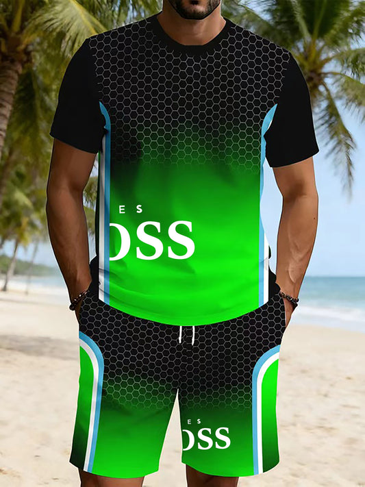 2 PCS Set Multi-Colors Men's Trendy Casual Round-Neck Short-Sleeve T-Shirt And Shorts Set Outdoor Running Hiking Beachwear Male Sports Apparel Clothing Suit