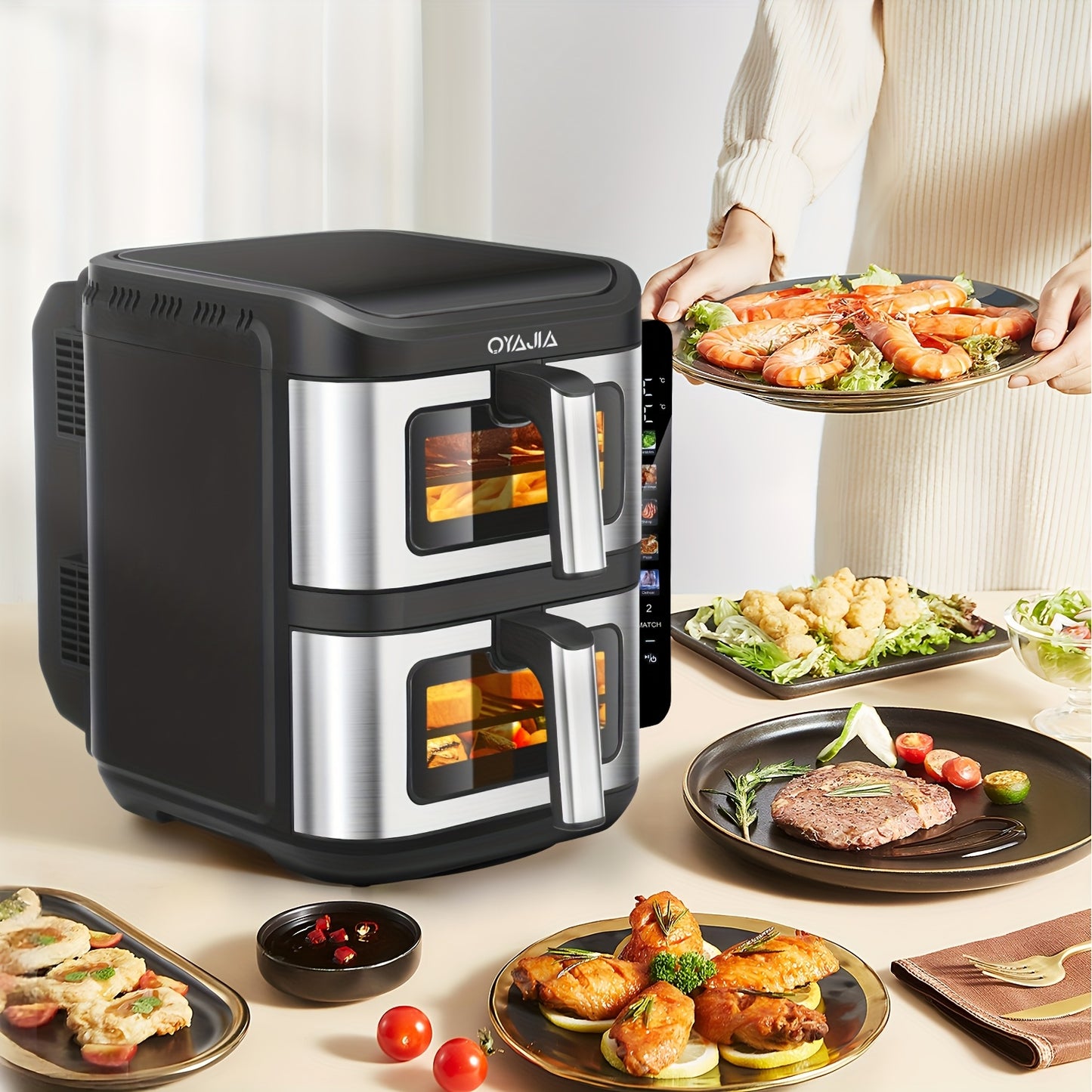 Professional 2800W Dual-Cavity 11L Family Air Fryer with Dual Drawers & Viewing Window, 10-in-1 Cooking (Air Fry/Bake/Roast), Heavy-Duty ABS/S Stainless, Oversized Basket for whole Chicken, Dishwasher-Safe for Large Gathering