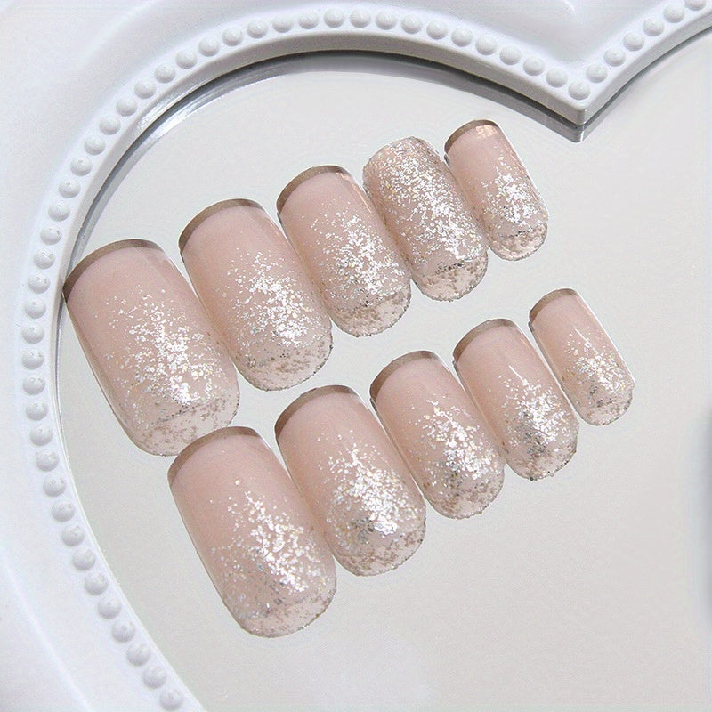 24 PCS Set Upgrade Your Look of Short Square Nail Art Wearable Nails French Style Simple Design Shiny False Nails Extended Removable Nails with Jelly Glue 1 Nail File 1