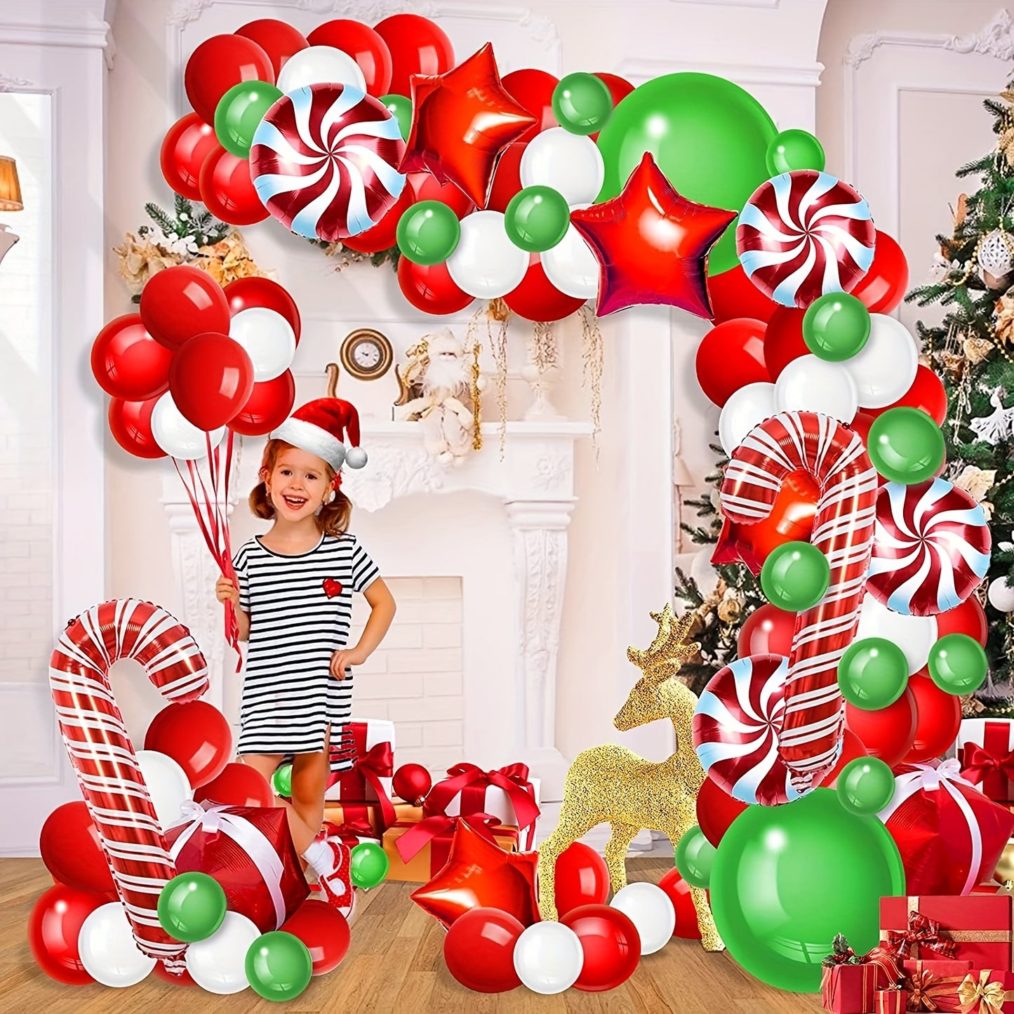 108 PCS Set Large Arch Balloon Garland Set with Red/Green/White Latex & Golden Star Foil Balloons - Complete DIY Christmas, New Year, Birthday Party Decorations Kit with Helium-Ready Connectors (No Helium Included) for Winter