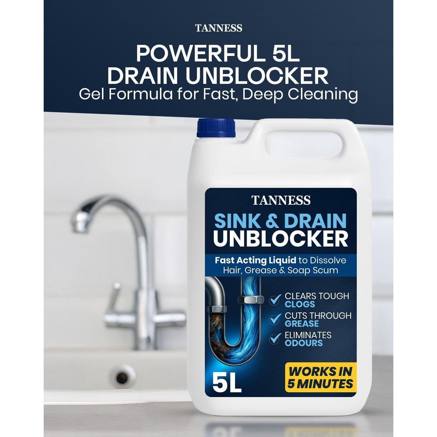 5 Liters Drain Un-Blocker - Heavy Duty Sink & Drain Cleaner for Plug Holes, Toilets, Showers & Pipes - Powerful Toilet & Sink Un-Blocker for Home, Office, Garage & Shops - Cleaning Supplies