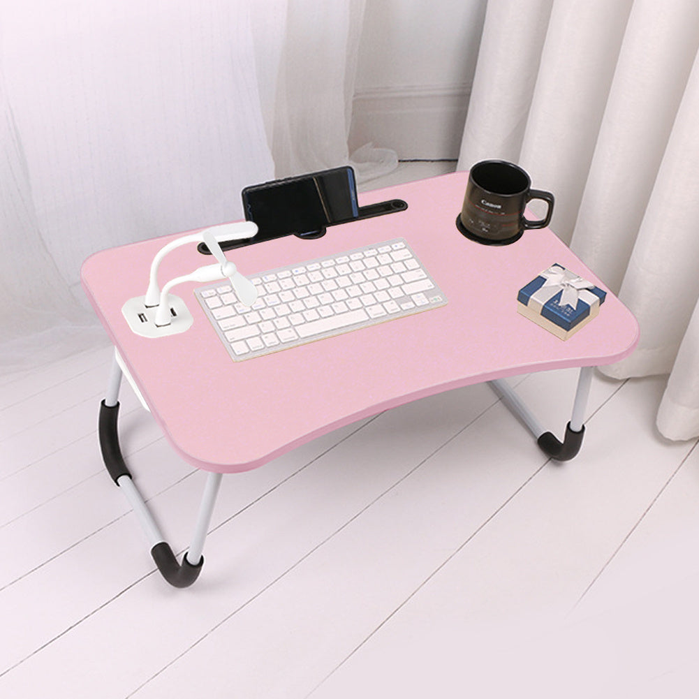 NEW Arrivals Modern Design Folding Laptop Desk with Cup Holder & Tablet Slot - MDF Board & Metal Frame, Anti-Slip Stable for Work/Bed/Dining, Pink, 60×40×26cm