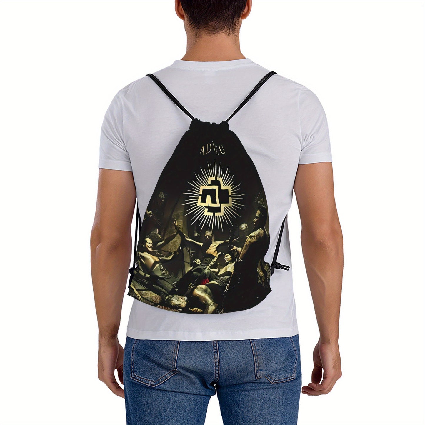 Gothic Skull Drawstring Bag - Durable Polyester Daypack with Multiple Compartments, Machine Washable, Black with Golden Crossed Swords and Bones Design for Gym, Sports & Everyday Us