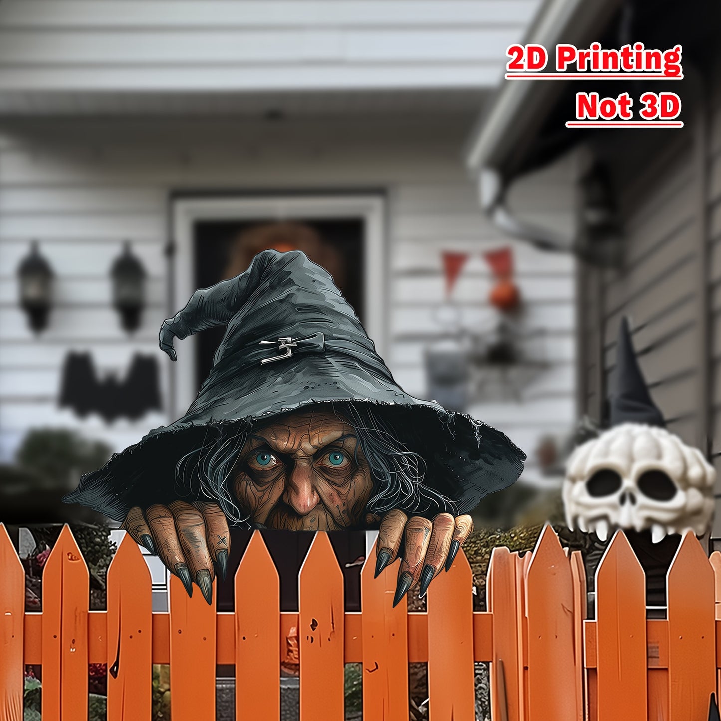 1pc Scary Old Witch Peeking Over Fence Halloween Yard Decoration - 2D Flat Artificial Wood Spooky Outdoor Sign with Glowing Eyes & Sharp Teeth, 23.11cm x 29.97cm Irregular Shape for Garden, Porch, Haunted House Parties - No B