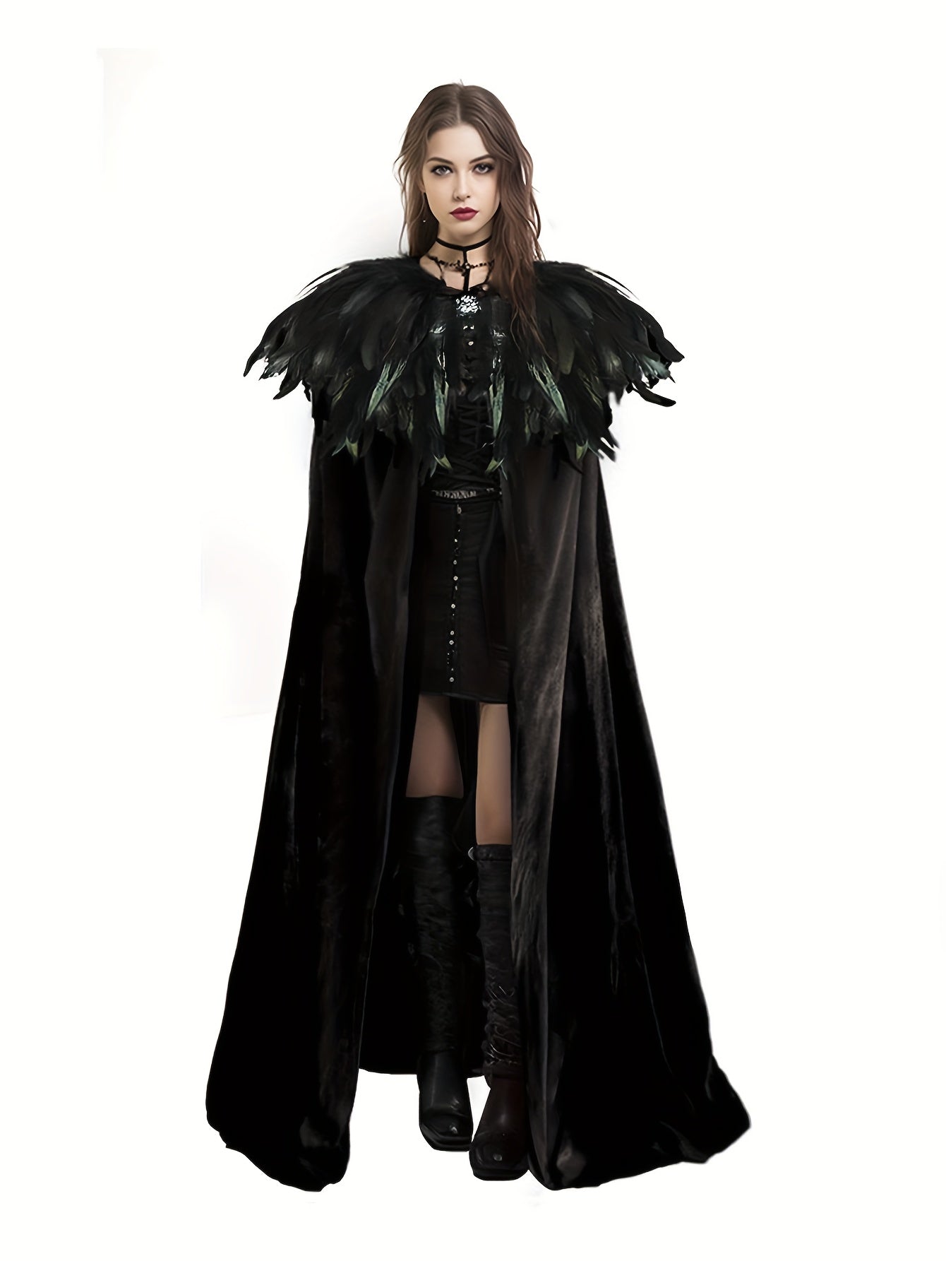 2 PCS Set Gothic Witch Robe & Cape Set - Long Sleeve, Green &, Perfect for Halloween & Carnival Costumes, Stage Props, Fall/Winter Wear, Vintage Style | Knotted Detailing, Witchcraft Clothing Supplies