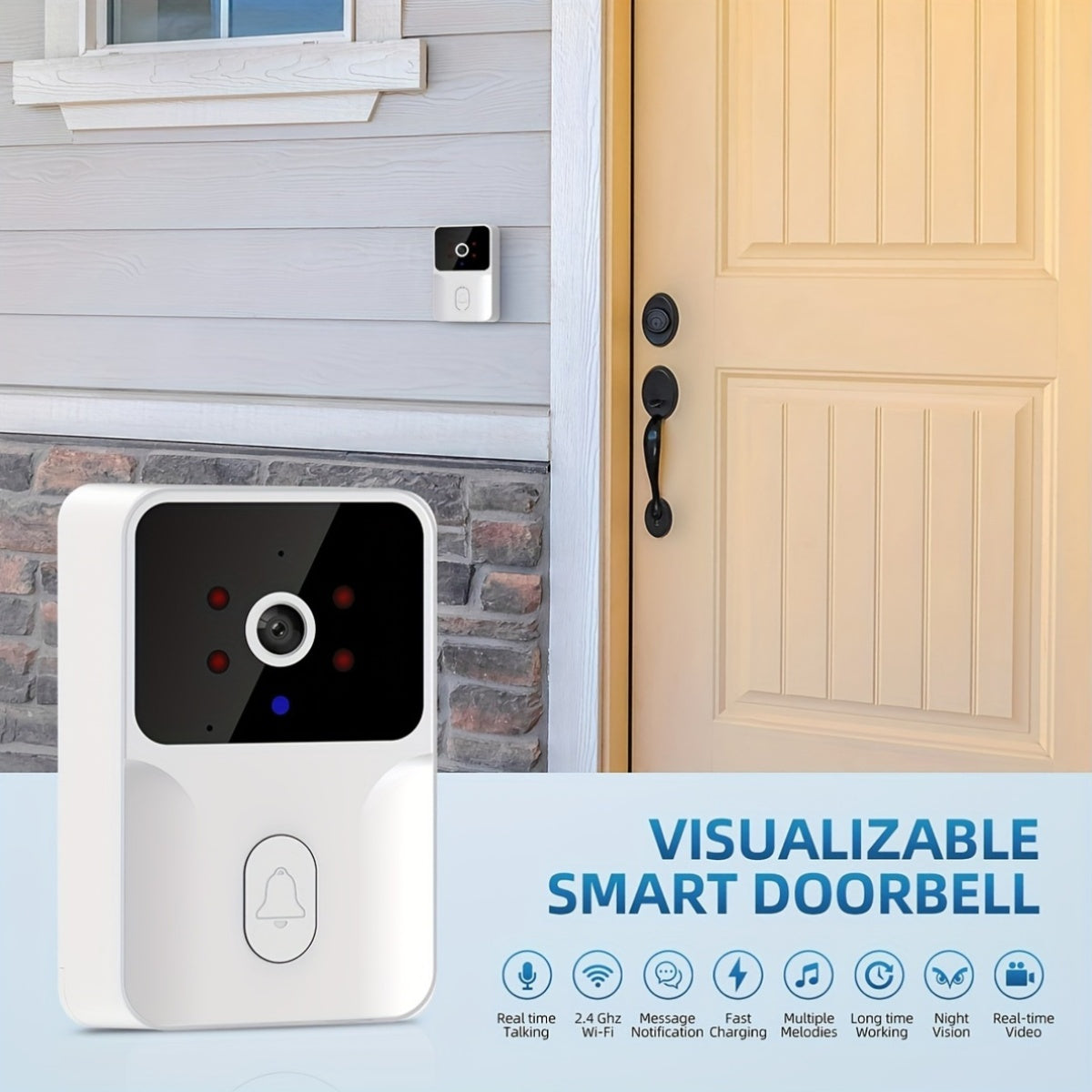 Wireless Smart HD Video Doorbell - 2.4G Wi-Fi, Night Vision, Voice Modification, Two-Way Communication, Photo Capture, Recording - Rechargeable Home Office Security Doorbell with Integrated Battery