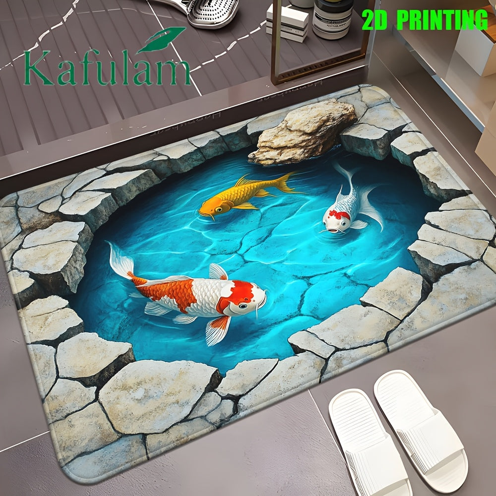 2D Carpet with Koi Fish Design | Flannel and Polyester, Machine Washable, Suitable for Bathroom, Bedroom, Living Room Entrance | Durable and Decorative Bath Mat