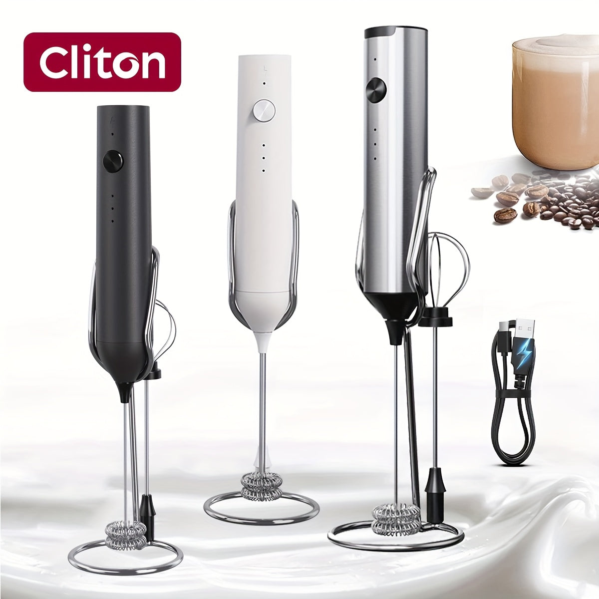 Rechargeable Electric Milk Frother, Handheld Foam Maker Whisk with 2 Heads 3 Speeds Drink Mixer, Built-in Mixing Heads for Both Milk Beaters And Egg Beaters, Quick Foaming Coffee Whisk for Coffee, Latte, Wedding Gifts, Portab