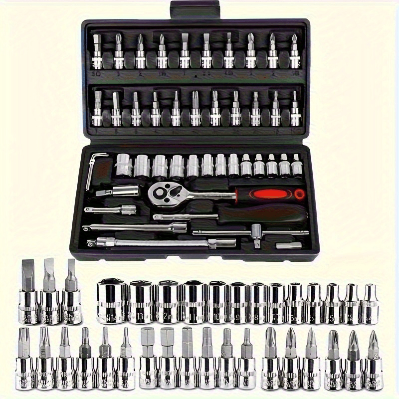 NEW 46PCS Set MGJJ Heavy-Duty Tool Set | Precision Ratchet Wrench, Screwdriver Bits & Sockets - Metal, Universally Applicable for Auto Repair, Bike Maintenance, Home - Professional & Tool
