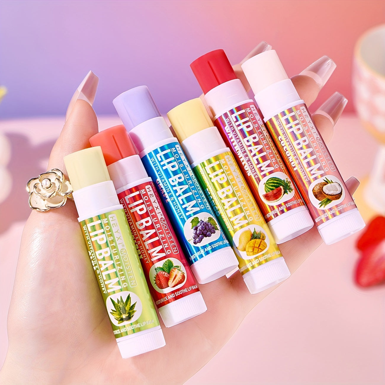NEW Arrivals 6-PCS Set Fruit Flavored Lip Balm Gift Set - Unisex Natural Finish Moisturizing Lip Butters with Watermelon, Coconut, Aloe, Grape, Mango & Strawberry - Alcohol-Free for All Skin Types