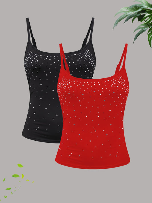 2 PCS Set Elegant Rhinestone-Embellished Strapless Tops - Adjustable Spaghetti Strap Blouses with Sparkling Collar, Semi-Sheer Short Sleeve Shirts (Black & Red) for Parties, Weddings, Prom - Machine Washable Polyester