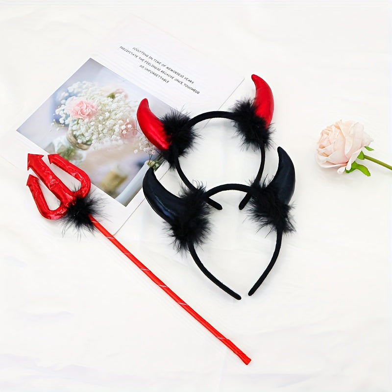 3 PCS Set Halloween Little Devil Wand Devil Horn Headband Performance Dance Party Props, Costume Accessory Set, Halloween Party Props, Halloween Headband Prop, Devil Wand And Horns, Little Devil Aesthetic, Costume-Inspired Pr