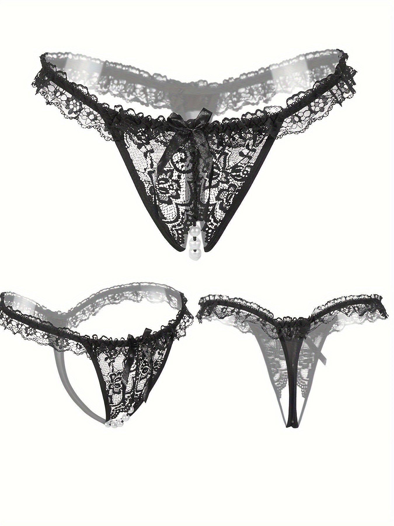 9 PCS Set Women's Adjustable Sexy Thongs with Embroidered Hollow-Out Design, Pearl-Embellished Crotchless Panties - Black, Lace Trim, Comfort Fit for Intimate Wear, Intimate Apparel | Sexy Thong Design | Adjustable Strap