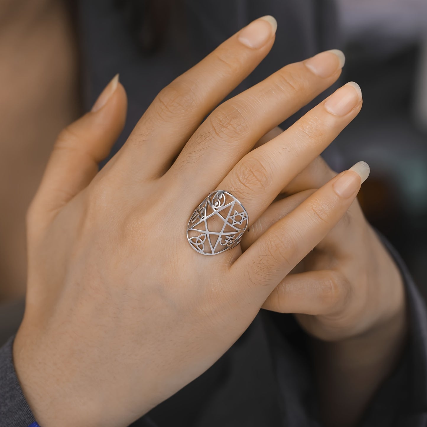 Boho Style Stainless Steel Ring, Women's Men's Pentagram & Celtic Knot Protection Signet, Triangular Cross Spiral Charm, Irish Jewelry Gift