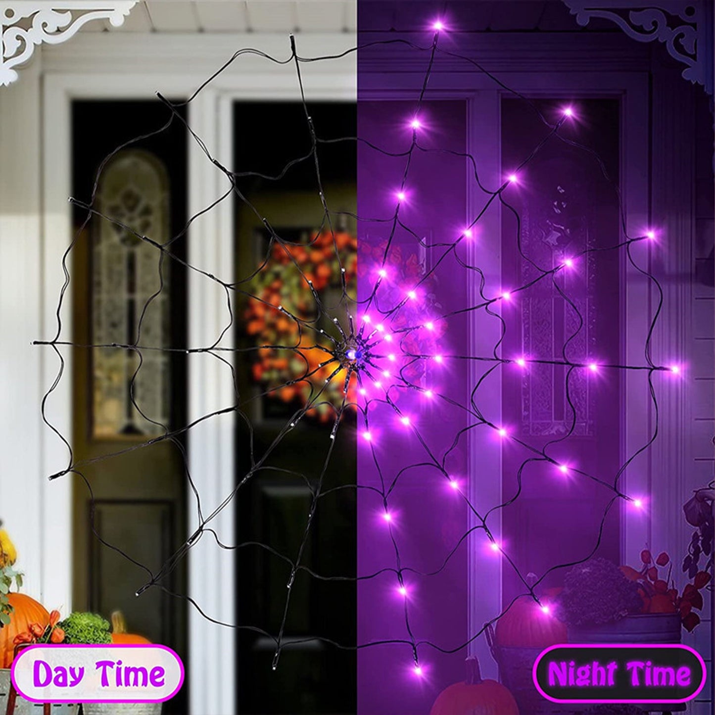 1pc,Halloween Spider Web Lights, 70 LED Purple,Orange, Halloween Light String 8 Modes, Net Lights for Party, Bedroom, Bar, Haunted House, Halloween Decoration(Purple,Orange)