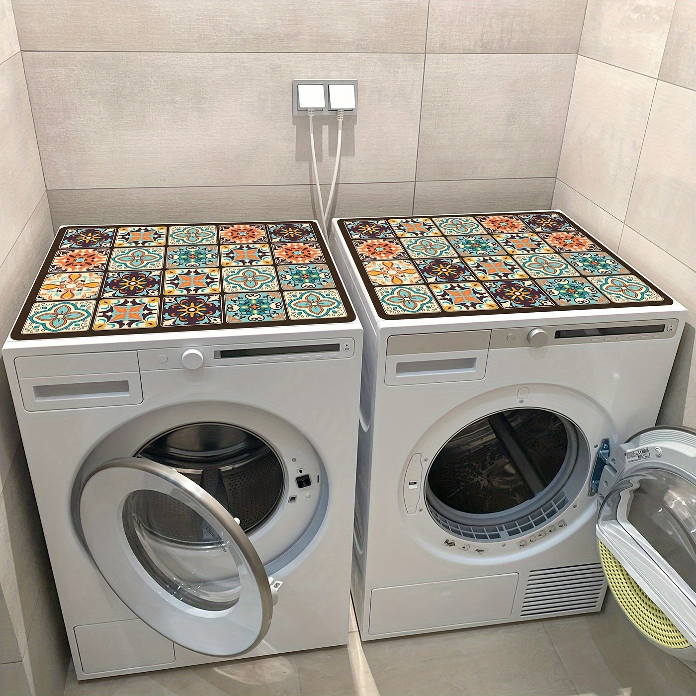 Vibrant Retro Mosaic Washing Machine Cover - Waterproof & Durable Diatomaceous Earth Material, 59.99cm X 50.01cm, Colorful Floral Patterns, Ideal for Kitchen Or Laundry Room Deco