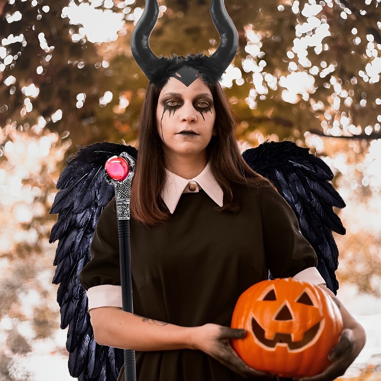 3 PCS Set Black Fallen Angel Costume Accessories Set, Including Wings Devil Horns Headband Witch Cane Halloween Clothing Supplies