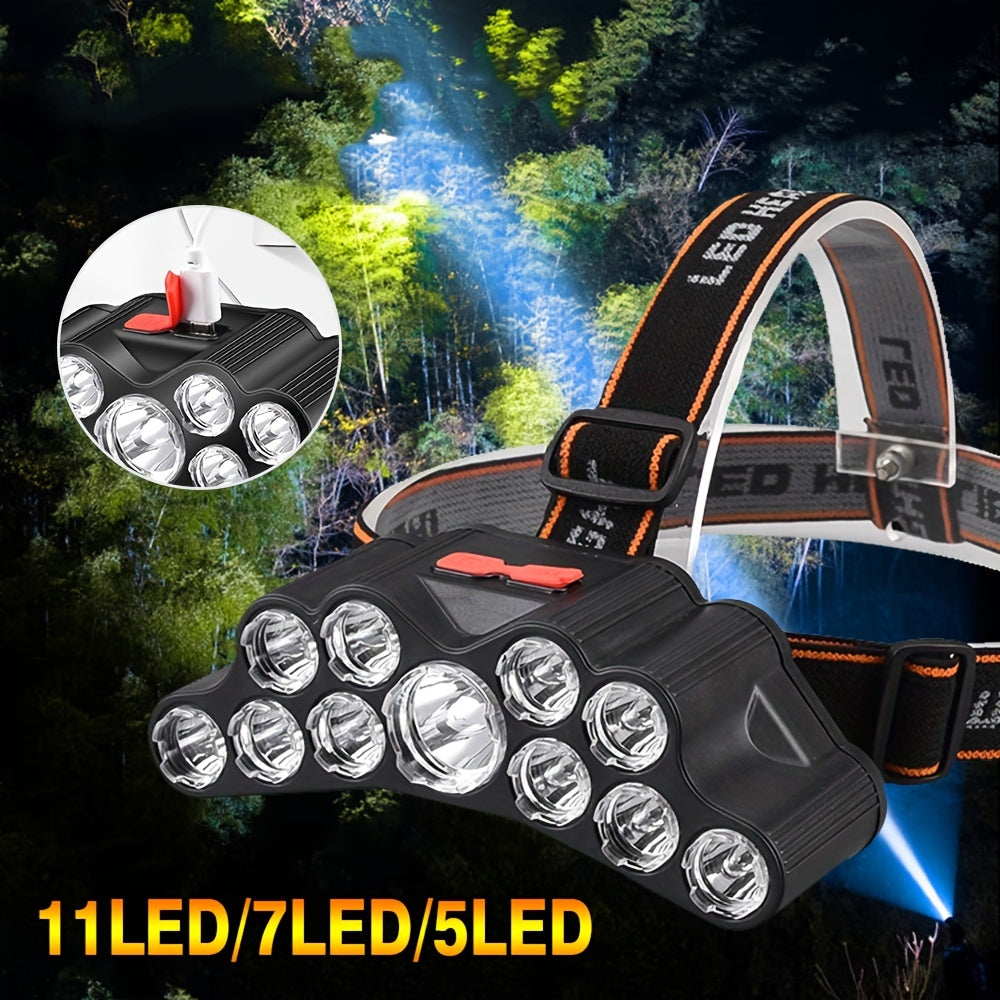11 LED/7LED/5LED USB Headlamp | Rechargeable Head Mounted Flashlight, Portable Headlight, Outdoor Hiking Camping Night Fishing Mountain Climbing Emergency Lantern, Battery Powered, Included