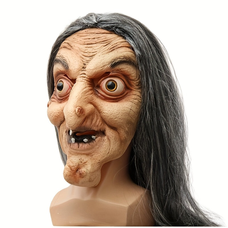 Realistic Witch Latex Mask - Scary Full Face Halloween Costume Accessory with Long Gray Hair & Wrinkled Features for Parties, Performances, and Role-Playing, Themed Party Mask | Scary Character Visage | Latex Full Mask