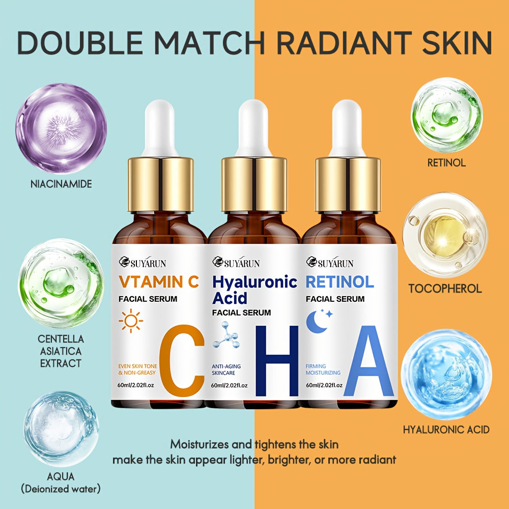 3 PCS Set 60ml Each Day & Night Vitamin C + Retinol + Hyaluronic Acid Triple Action Set, Enriched with Collagen, Aloe Vera, and Niacinamide, Brightens Complexion, Firms Skin, Deeply Hydrates, and Evens Light Beige. Gentle, Oi