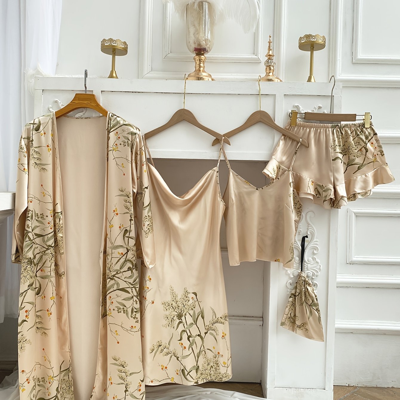 5 PCS Set UK XL-5XL (18-26) for Curvy Women, Featuring a Stylish Cherry Print Sleep Robe, Camisole, Shorts, And a Storage for All Seasons