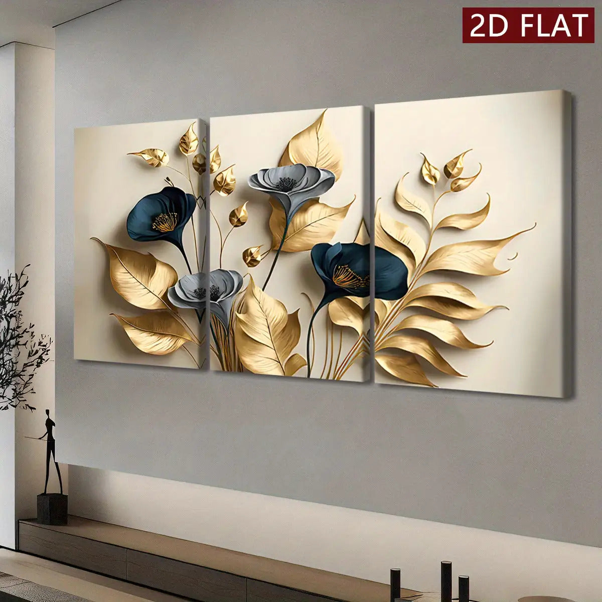 [2D Flat] Three Wooden Frame Canvas Wall Art - Modern Abstract Design Featuring Golden Leaves And Flowers, High-Definition 8K Odorless Indoor Wall Decoration, Suitable for Living Rooms, Bedrooms, And Offices - Contemporary Ho