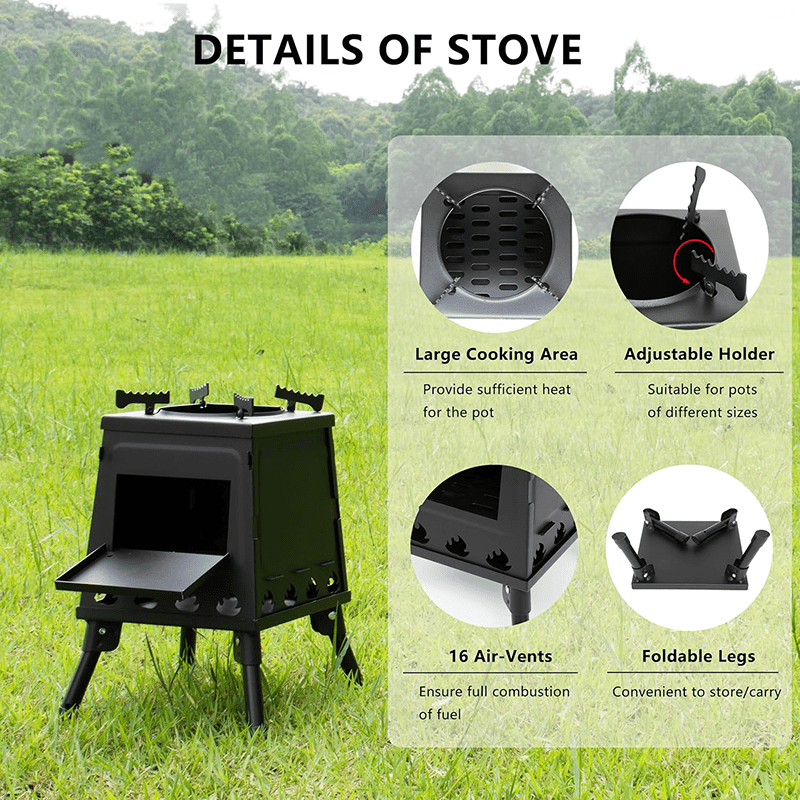 Heavy-Duty Portable Folding Fire Pit Stove - Wood Burning Camping Oven with Adjustable Pot Stand, Foldable Outdoor Cookstove for Camping, Backpacking, BBQ, Survival - Compatible with Wood/Charcoal/ (No Electricity)