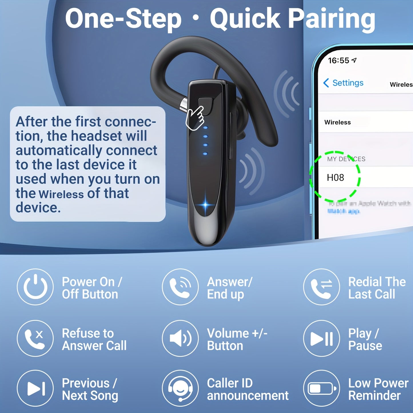 29Hr Music Playback Headphone with 180Hr Standby Time, Built-in Mic & Dual Device Connectivity, Lightweight In-Ear Design for Office, Trucker, Driver - USB Rechargeable