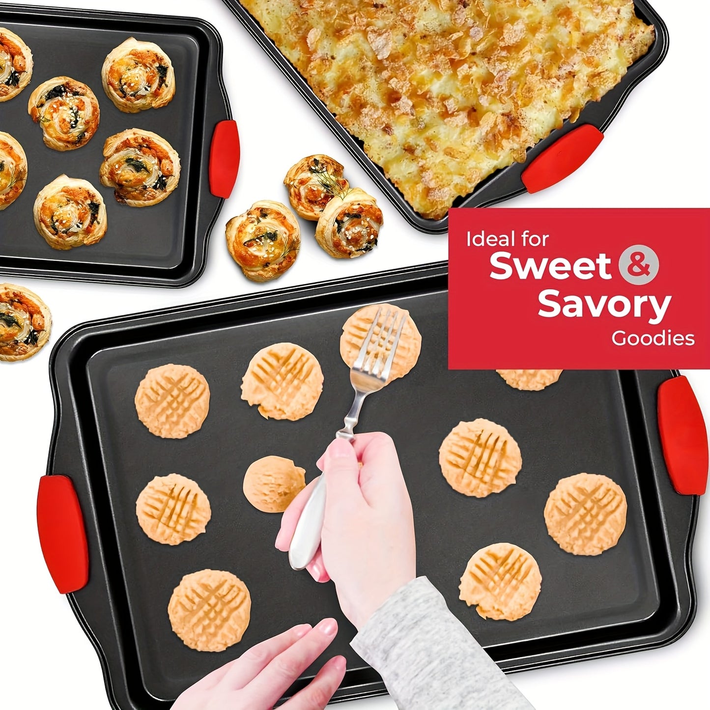 3 PCS Set Non-Stick Pan Baking Tray, with Red Silicone Handle, Kitchen Baking Plate, Heat-resistant and Non-Sticking, Home Use Baking Tray, Cake, Oven Cookie Baking, Rectangular Cookie Tray, Easy to Clean, Suitable for Cookie