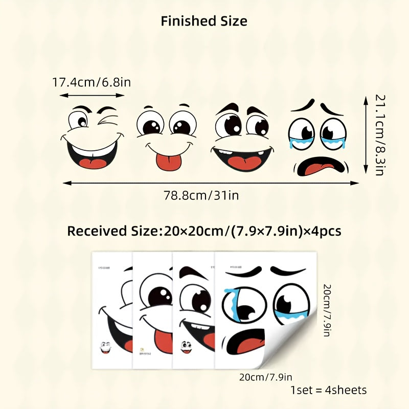 4 Sheets/Set of Cartoon Face Stickers, Self-Adhesive, Suitable for Plastic Surfaces, Removable, Ideal for Home Decoration, Can Be Used on Trash Cans, Walls, Toilet Decor, Refrigerators, And Glossy Surfaces, These Are Fun Them