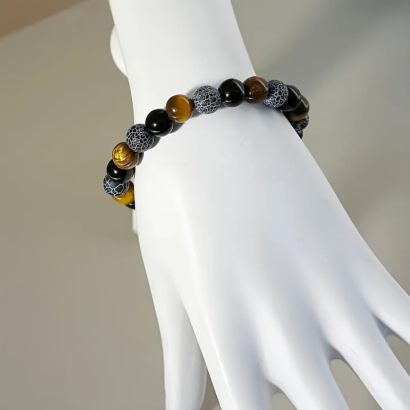Natural Stone Stress Relief  Wealth Attraction Bracelet - Bohemian Style Black Tiger Eye Synthetic with Golden Brown Stripes, Unisex, for Daily Wear and Special Occasions - Attracts Money and Prosperity - Birthday, Anniversar