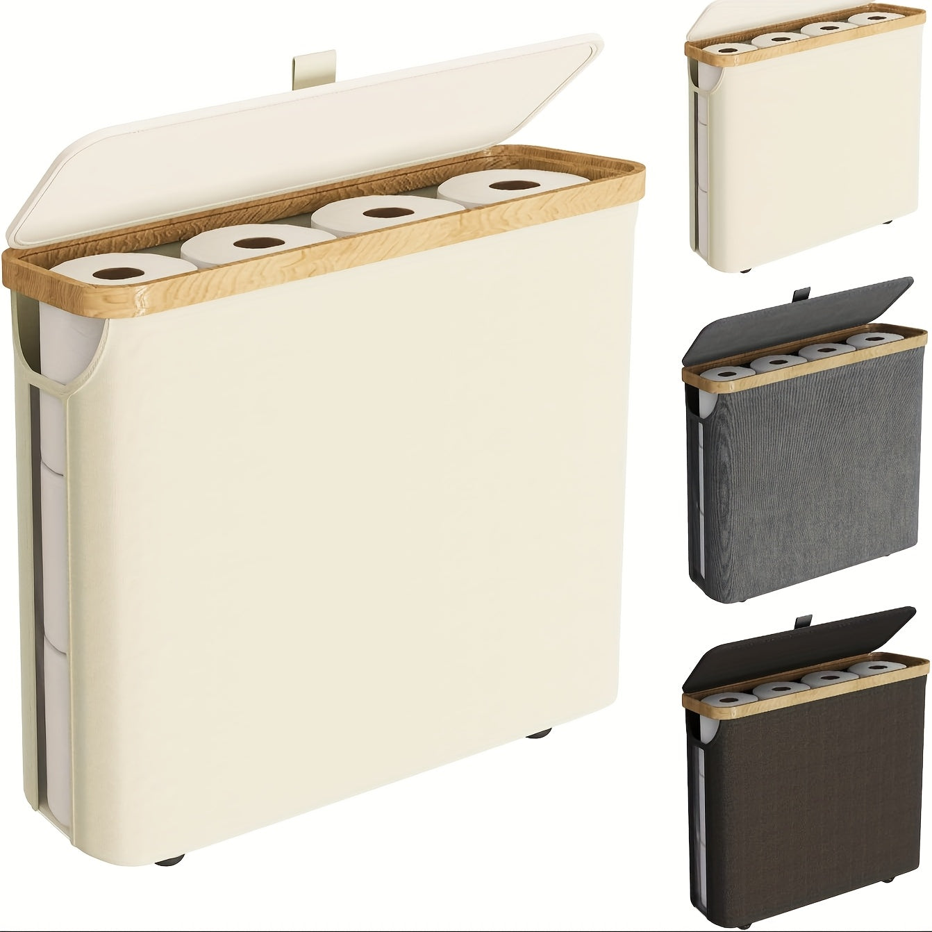 12 Rolls Bamboo Toilet Paper Holder with Lid - 30L Capacity, Modern Fabric Storage Basket for Bathroom, Kitchen, or Office, Multi-Purpose Organizer with Handle, Bathroom Organizer|Sleek Toilet Paper Holder|Durable Bamboo Mate