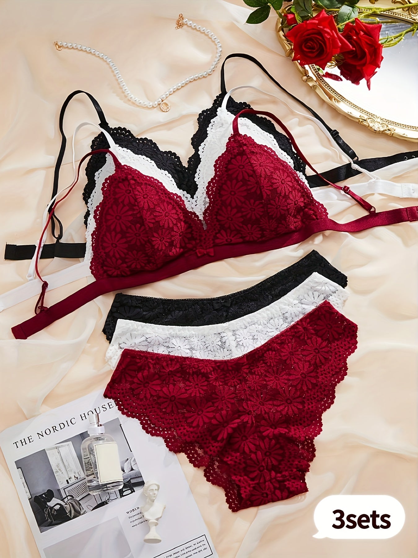 3pcs Women'S Lingerie Set - Red & Black Contrast Lace Bra with Floral Pattern, Matching Panties, and Garter Belt - Comfortable, Breathable, and Stylish Underwear for Casual Attire, Lingerie Sets