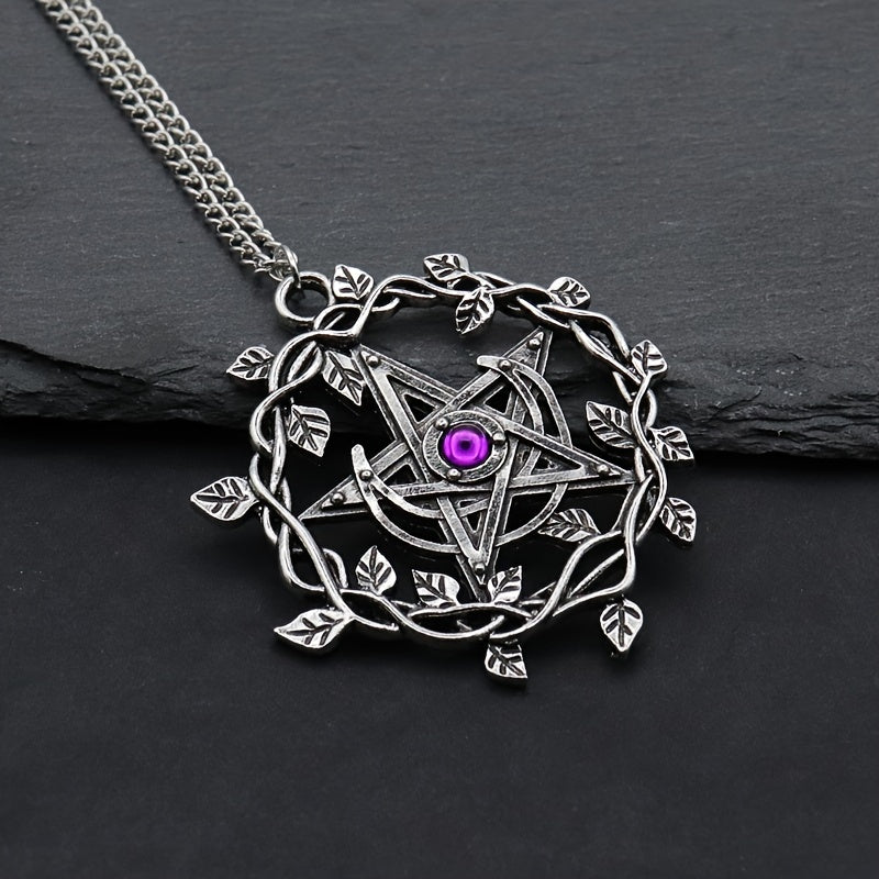 Vintage Pentagram Leaf Mosaic Purple Gemstone Pendant Necklace Women Fashion Wedding Party Gothic Jewelry Gifts