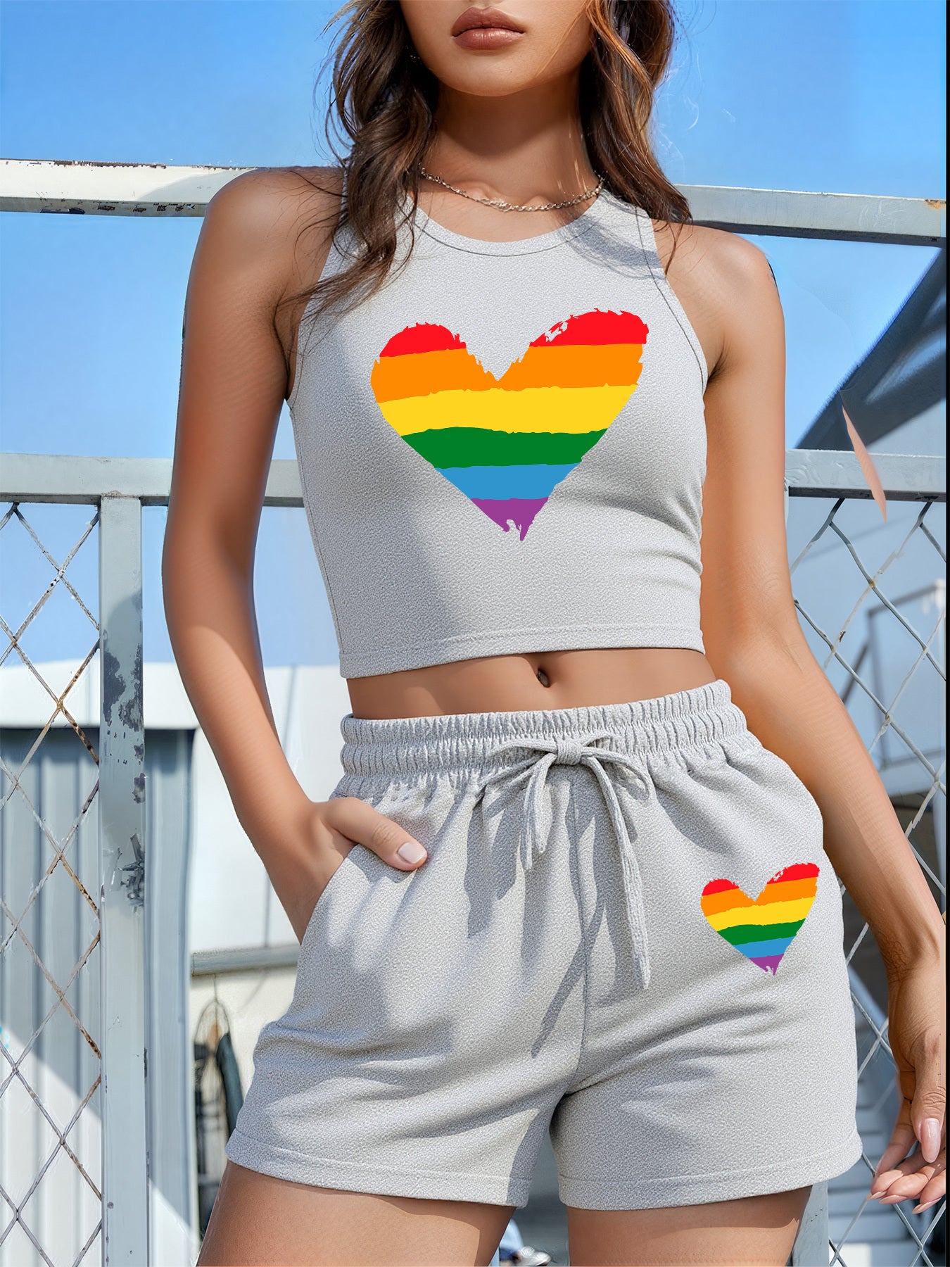 2PCS Set 5 Colors Women's LGBTQ+ Pride Heart Graphic - Sleeveless Vest & Loose Shorts Outfit in Red with Green/Purple Stripes, Drawstring Waist - Machine Washable Lounge, Party, Everyday Outfits
